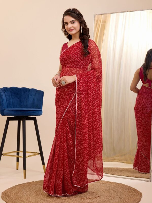 Red colour Bandhani Design Georgette Ready To Wear Saree With same red colour  Blouse piece - Image 4