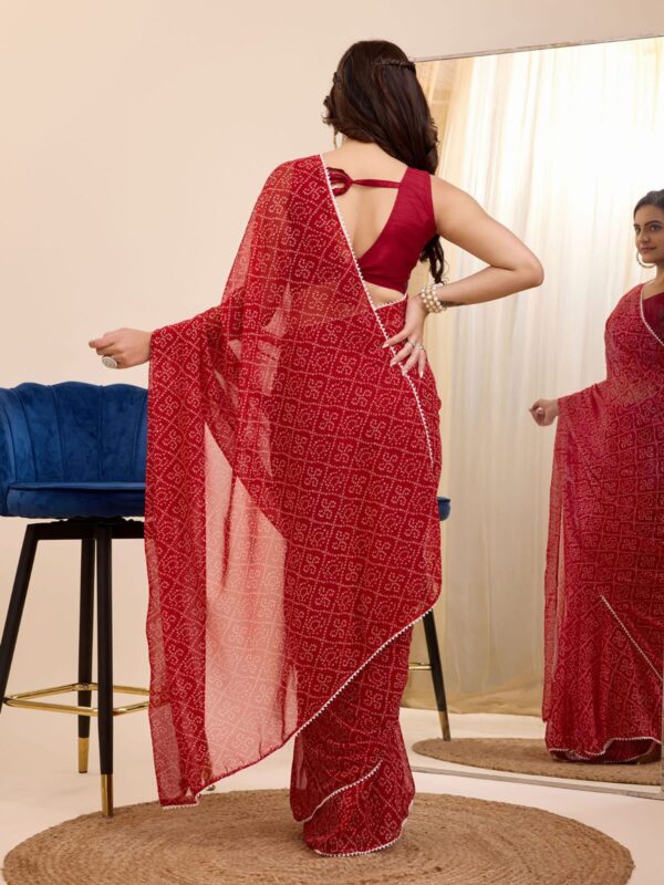 Red colour Bandhani Design Georgette Ready To Wear Saree With same red colour  Blouse piece - Image 3
