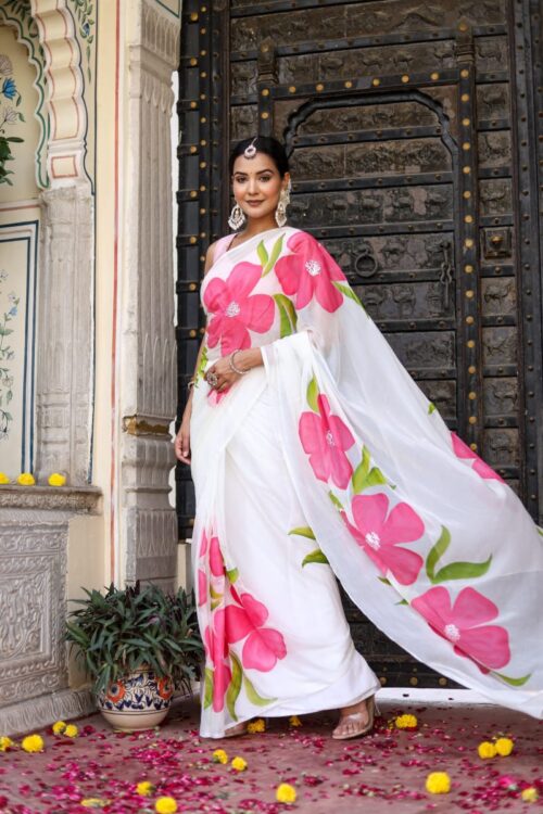 White Georgette Pink Colour Flower Design Ready To Wear Saree  With Unstitched Blouse