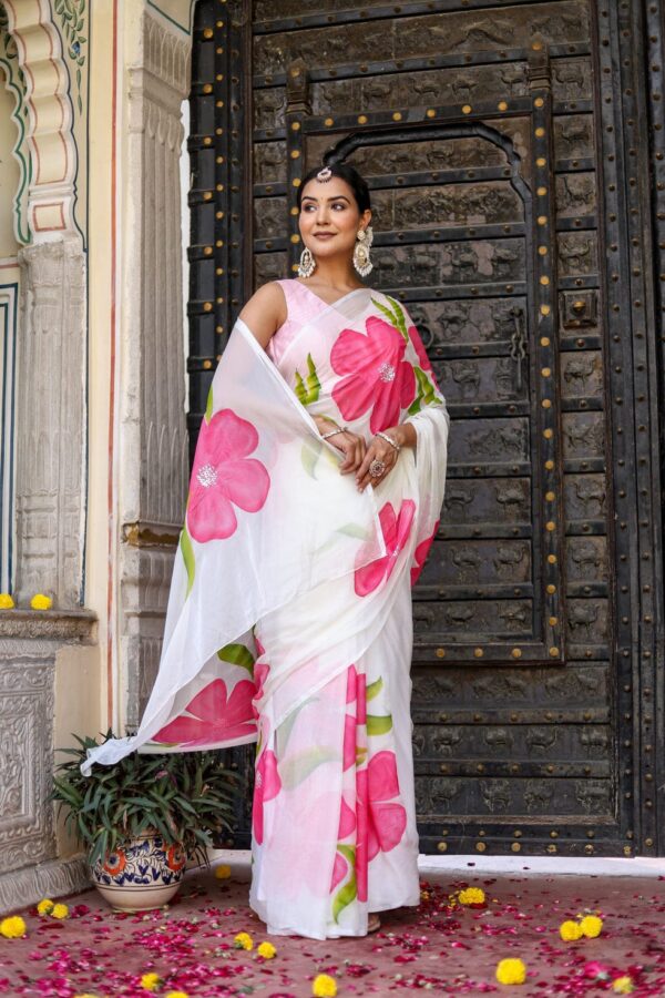 White Georgette Pink Colour Flower Design Ready To Wear Saree  With Unstitched Blouse - Image 3