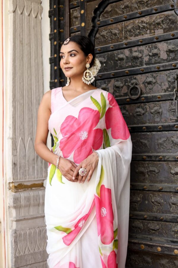 White Georgette Pink Colour Flower Design Ready To Wear Saree  With Unstitched Blouse - Image 5