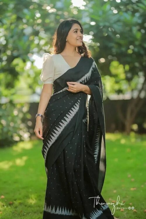 Soft Linen Black Colours Digital Print Design  Ready To Wear Saree With Unstitched Blouse