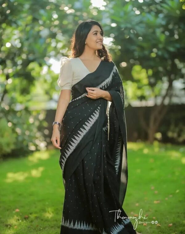 Soft Linen Black Colours Digital Print Design  Ready To Wear Saree With Unstitched Blouse