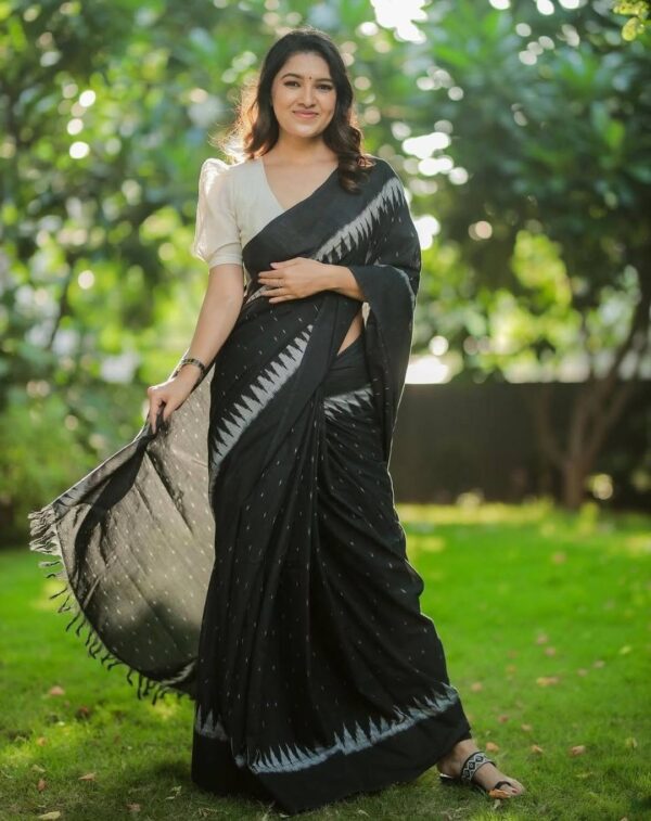 Soft Linen Black Colours Digital Print Design  Ready To Wear Saree With Unstitched Blouse - Image 7