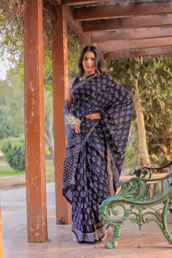 Black Soft Linen Silk Saree with Handblock Dabu Print – Timeless Artistry in Earthy Elegance - Image 3