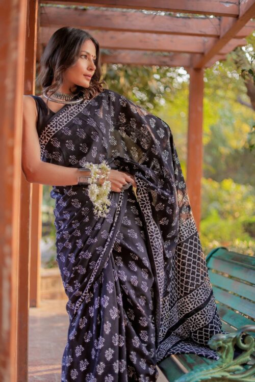 Black Soft Linen Silk Saree with Handblock Dabu Print – Timeless Artistry in Earthy Elegance