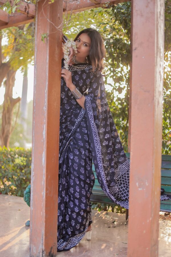 Black Soft Linen Silk Saree with Handblock Dabu Print – Timeless Artistry in Earthy Elegance - Image 6