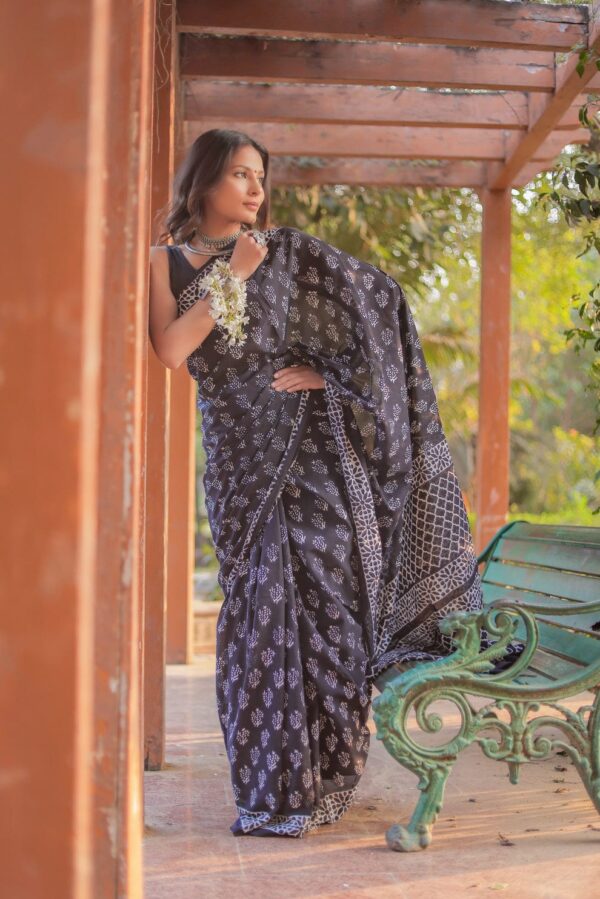 Black Soft Linen Silk Saree with Handblock Dabu Print – Timeless Artistry in Earthy Elegance - Image 7