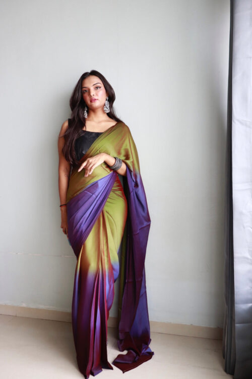 Olive Green, Aubergine Purple, And Maroon Tones Chiffon Viscose ombre design Ready To Wear Saree With Unstitched Blouse