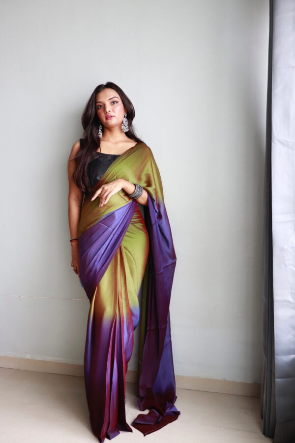 Olive Green, Aubergine Purple, And Maroon Tones Chiffon Viscose ombre design Ready To Wear Saree With Unstitched Blouse