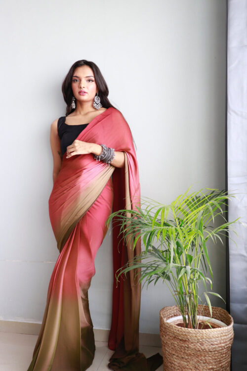 Brick Red, Taupe, And Olive Tones Chiffon Viscose ombre design Ready To Wear Saree With Unstitched Blouse