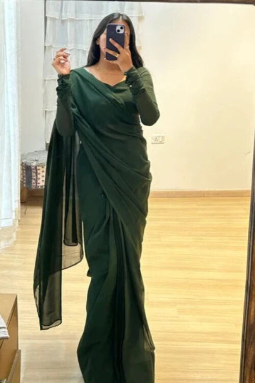 Green Elegant Design Georgette Ready To Wear Saree With Unstitched Blouse