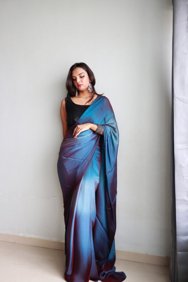 Maroon And Teal Blue Chiffon Viscose ombre design Ready To Wear Saree With Unstitched Blouse