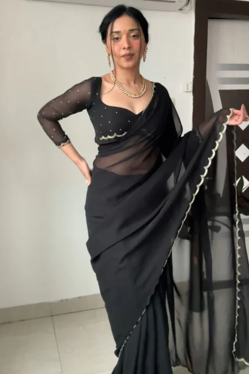 Black Georgette Ready To Wear Saree With Designer Unstitched Blouse