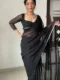 Black Georgette Ready To Wear Saree With Designer Unstitched Blouse