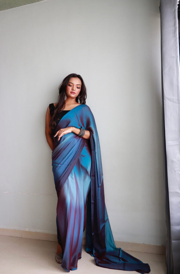 Maroon And Teal Blue Chiffon Viscose ombre design Ready To Wear Saree With Unstitched Blouse - Image 2