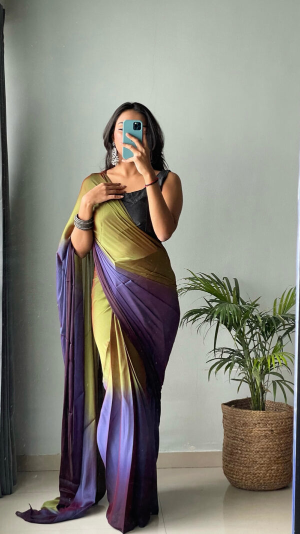 Olive Green, Aubergine Purple, And Maroon Tones Chiffon Viscose ombre design Ready To Wear Saree With Unstitched Blouse - Image 4