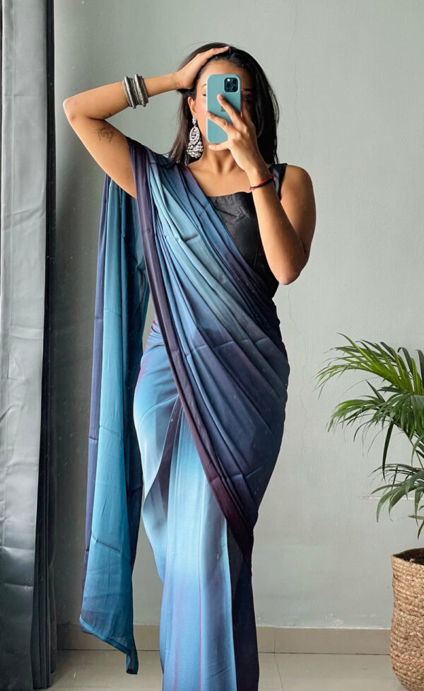 Maroon And Teal Blue Chiffon Viscose ombre design Ready To Wear Saree With Unstitched Blouse - Image 3