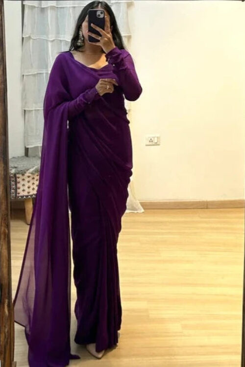 Purple Elegant Design Georgette Ready To Wear Saree With Unstitched Blouse