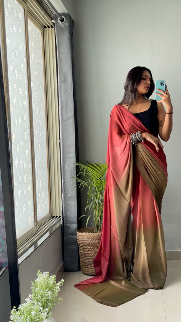 Brick Red, Taupe, And Olive Tones Chiffon Viscose ombre design Ready To Wear Saree With Unstitched Blouse - Image 3