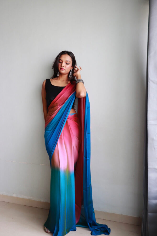 Pink, Teal, And Electric Blue Tones Chiffon Viscose ombre design Ready To Wear Saree With Unstitched Blouse - Image 2