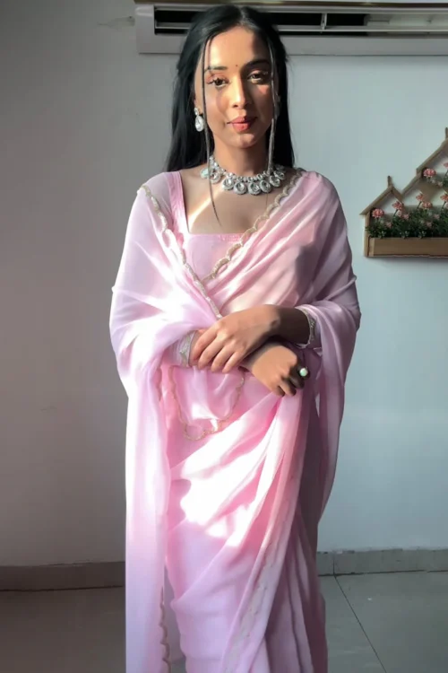 Pink Georgette Ready To Wear Saree With Designer Unstitched Blouse