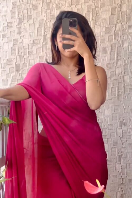 Pink Plain Elegant Design Georgette Ready To Wear Saree With Unstitched Blouse