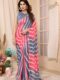 Red, White, And Navy Blue Striped Pattern Georgette Ready To Wear Saree With Unstitched Blouse