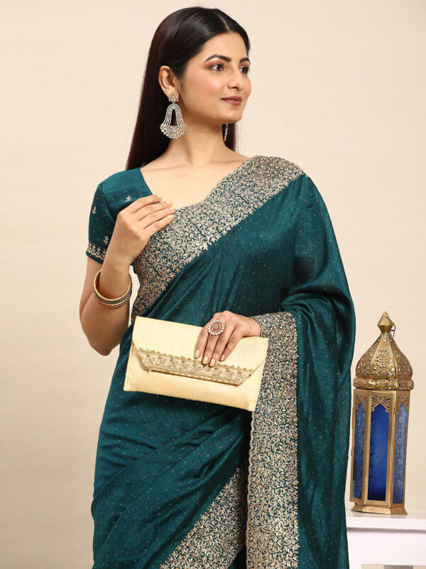 Teal-Green Chinon Party Wear Saree with Heavy Embroidery & Swarovski Stone Work - Image 5