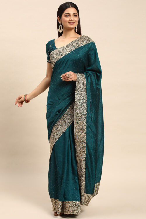 Teal-Green Chinon Party Wear Saree with Heavy Embroidery & Swarovski Stone Work