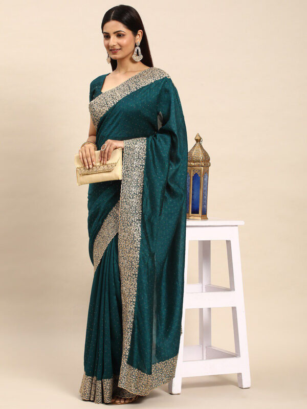Teal-Green Chinon Party Wear Saree with Heavy Embroidery & Swarovski Stone Work - Image 6