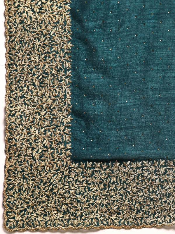 Teal-Green Chinon Party Wear Saree with Heavy Embroidery & Swarovski Stone Work - Image 7
