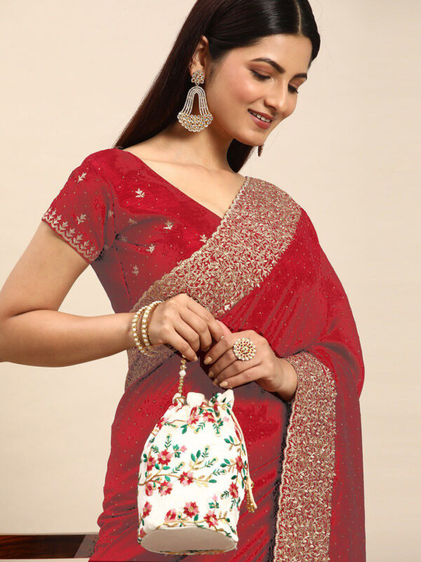 Red Chinon Party Wear Saree with Heavy Embroidery & Swarovski Stone Work - Image 5