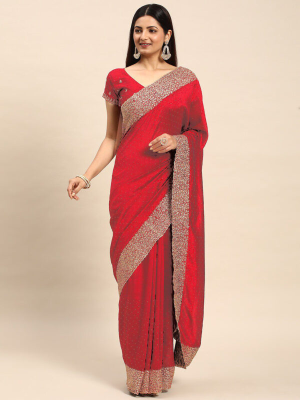 Red Chinon Party Wear Saree with Heavy Embroidery & Swarovski Stone Work