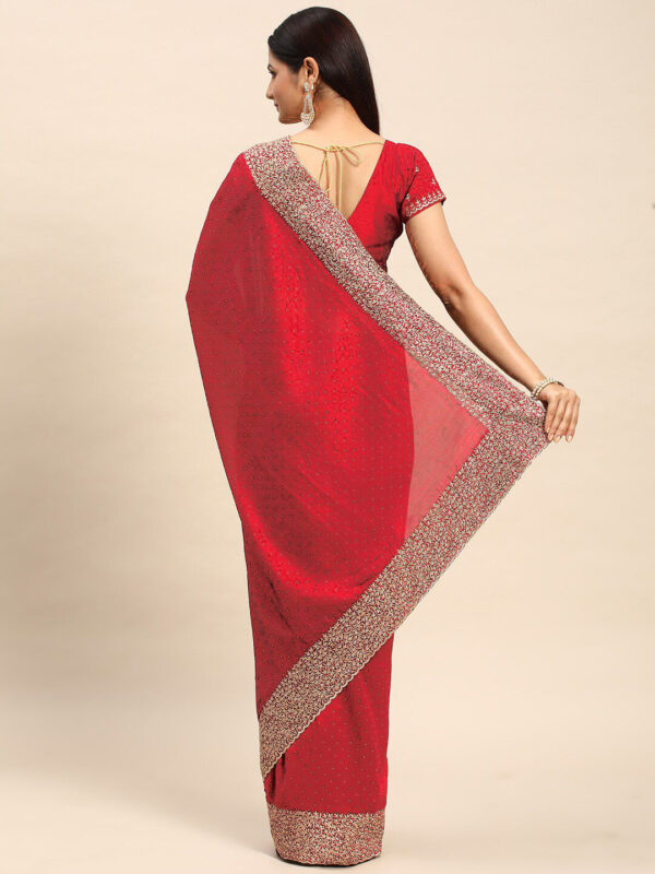 Red Chinon Party Wear Saree with Heavy Embroidery & Swarovski Stone Work - Image 2
