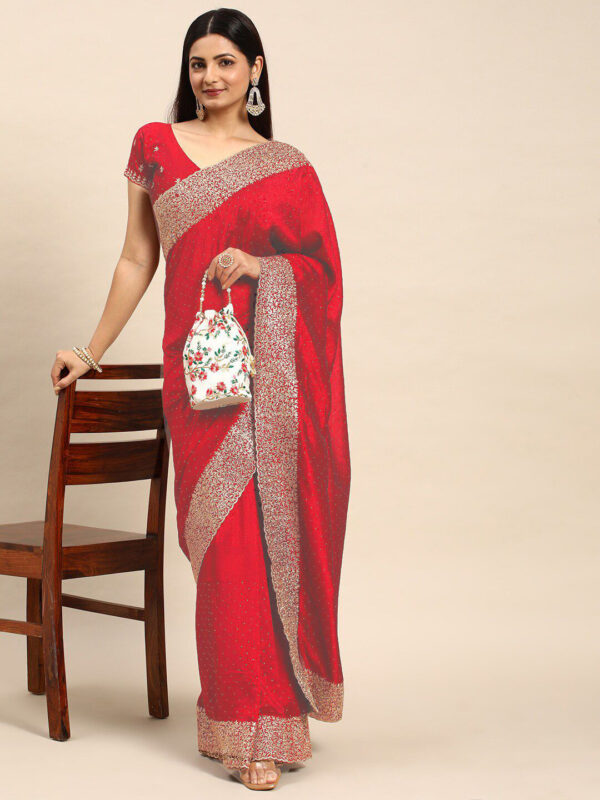 Red Chinon Party Wear Saree with Heavy Embroidery & Swarovski Stone Work - Image 4