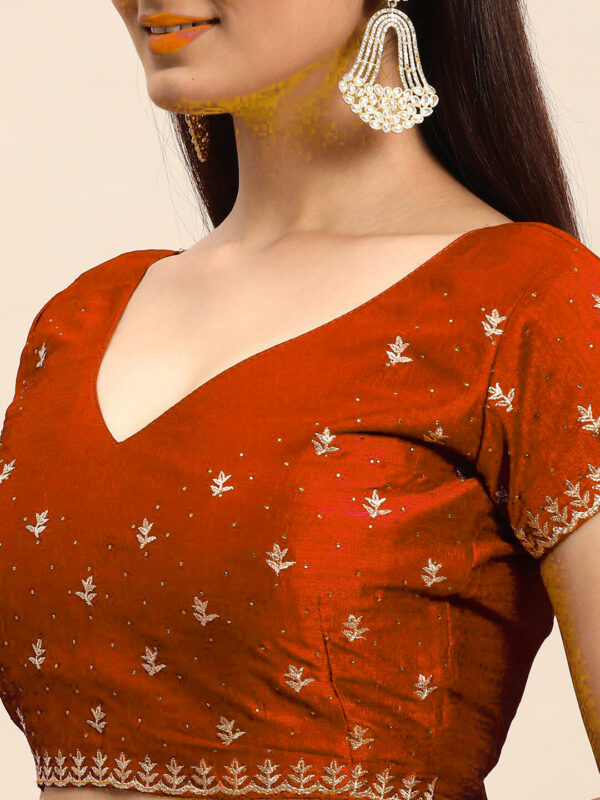 Red Chinon Party Wear Saree with Heavy Embroidery & Swarovski Stone Work - Image 5