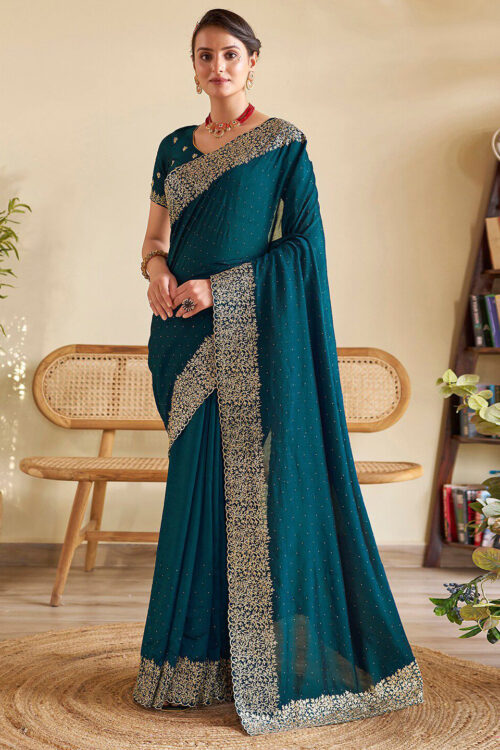 Teal Chinon Party Wear Saree with Heavy Embroidery & Swarovski Stone Work