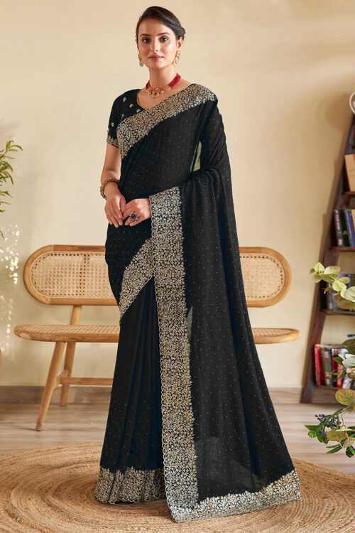 Black Chinon Party Wear Saree with Heavy Embroidery & Swarovski Stone Work