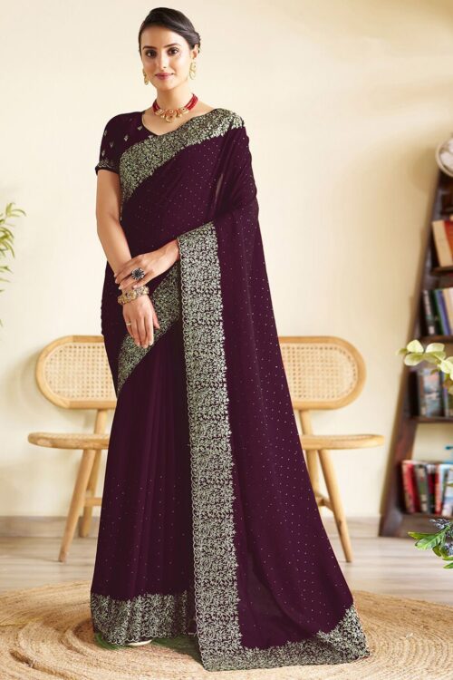Wine Chinon Party Wear Saree with Heavy Embroidery & Swarovski Stone Work