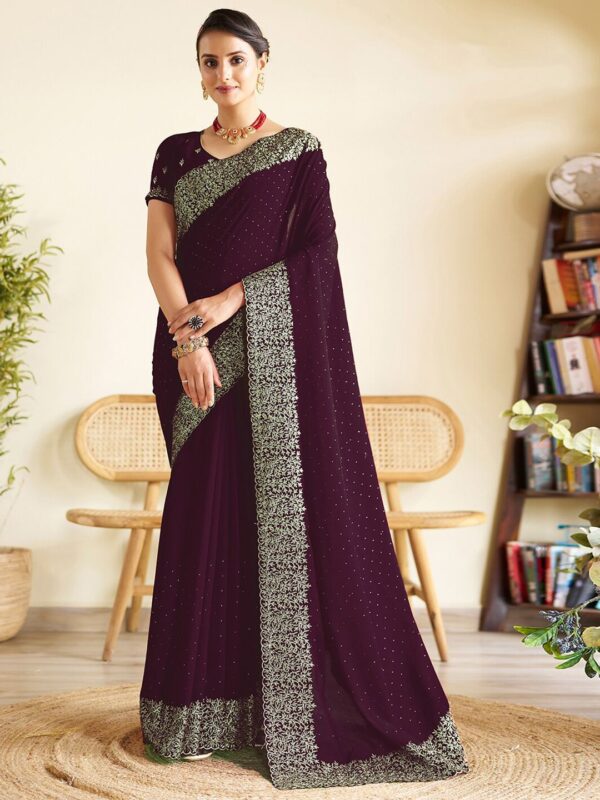 Wine Chinon Party Wear Saree with Heavy Embroidery & Swarovski Stone Work