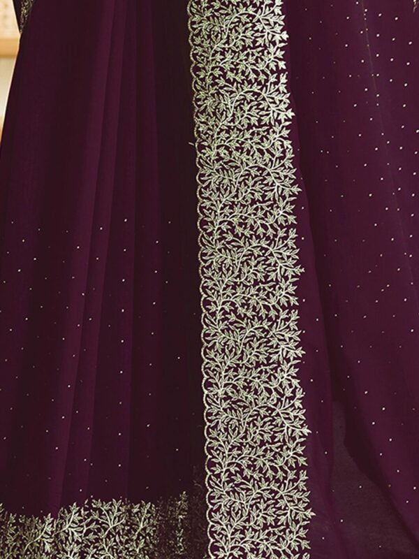 Wine Chinon Party Wear Saree with Heavy Embroidery & Swarovski Stone Work - Image 4