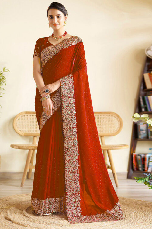 Red Chinon Party Wear Saree with Heavy Embroidery & Swarovski Stone Work