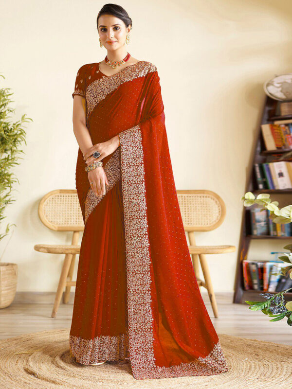 Red Chinon Party Wear Saree with Heavy Embroidery & Swarovski Stone Work