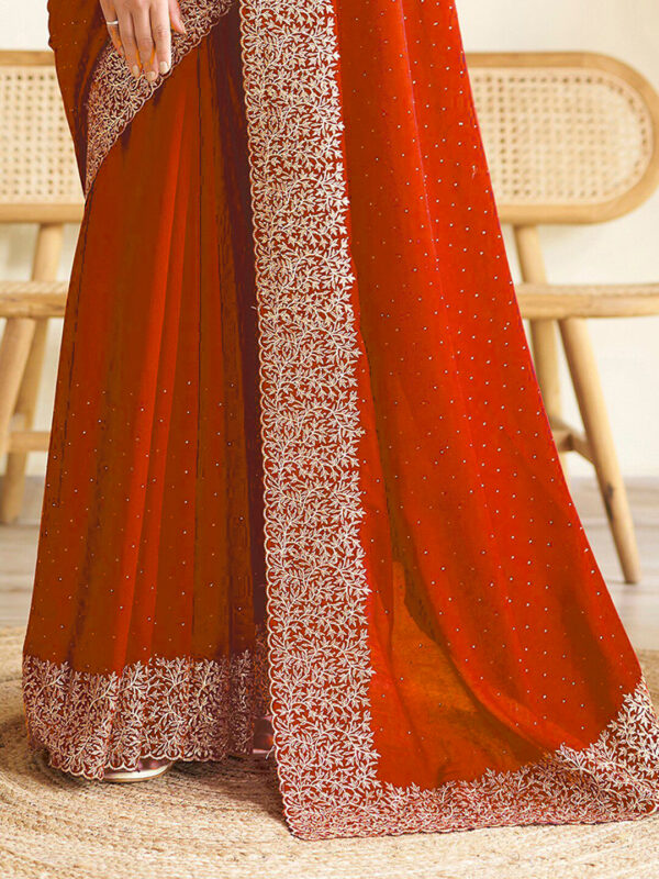 Red Chinon Party Wear Saree with Heavy Embroidery & Swarovski Stone Work - Image 3