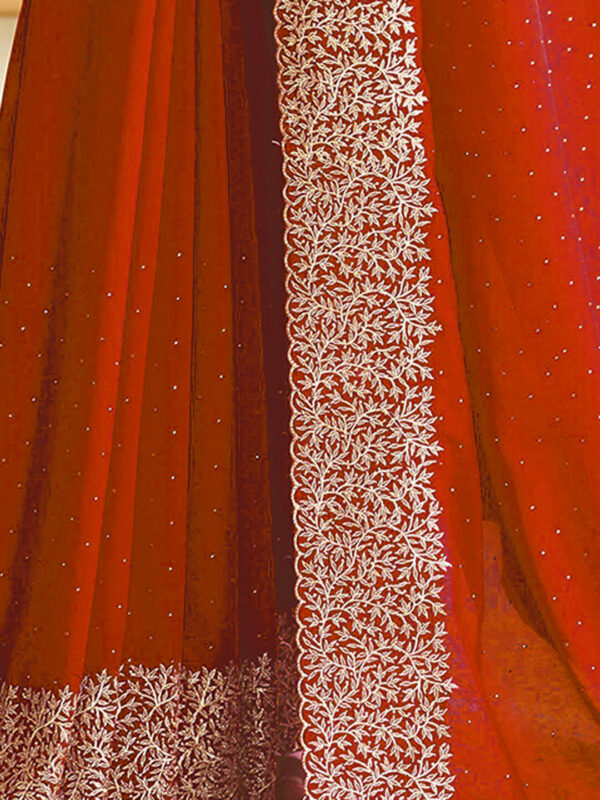 Red Chinon Party Wear Saree with Heavy Embroidery & Swarovski Stone Work - Image 4