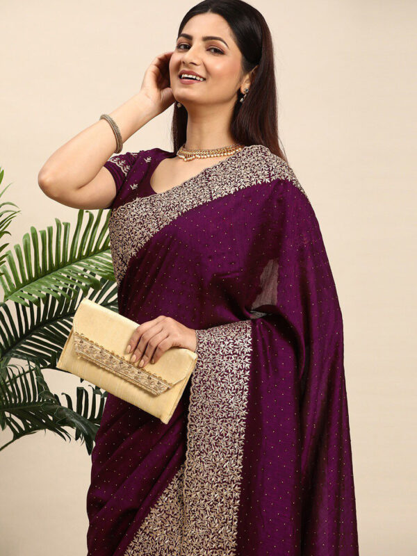 Wine Chinon Party Wear Saree with Heavy Embroidery & Swarovski Stone Work - Image 5