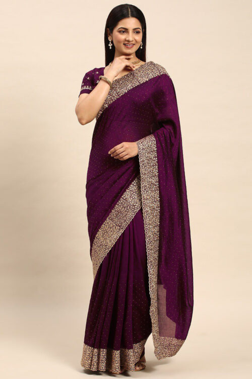 Wine Chinon Party Wear Saree with Heavy Embroidery & Swarovski Stone Work