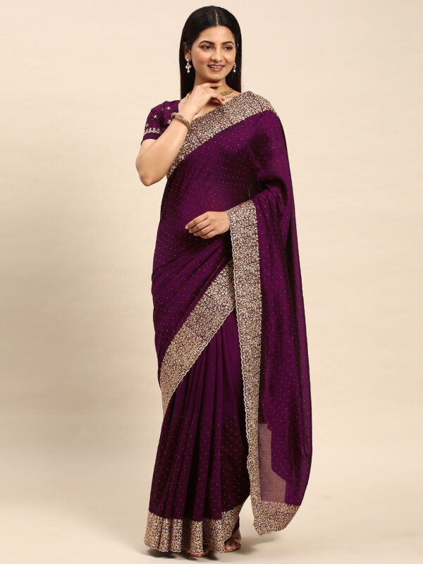 Wine Chinon Party Wear Saree with Heavy Embroidery & Swarovski Stone Work