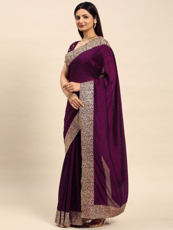 Wine Chinon Party Wear Saree with Heavy Embroidery & Swarovski Stone Work - Image 3